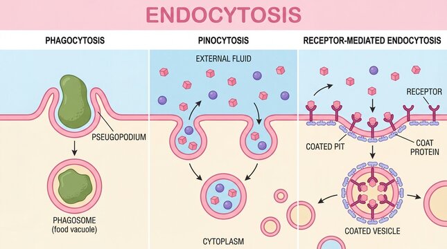 Diagrammatic Detailed Illustration of Endocytosis Process Including Phagocytosis, Pinocytosis, Receptor Mediated Endocytosis
