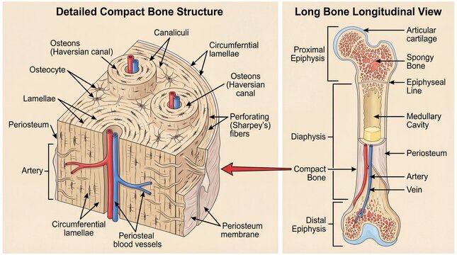 Detailed Colorful Illustration of Compact Bone Structure and Longitudinal Bone View