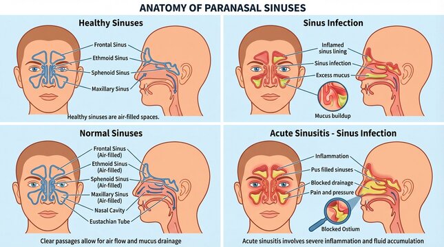Detailed Informative Diagram of Healthy and Infected Paranasal Sinuses Anatomy