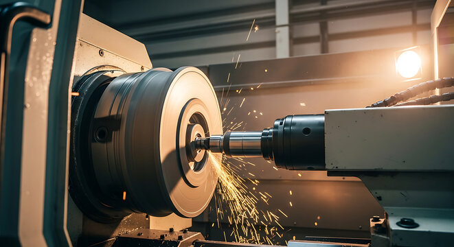 A machine grinds metal with sparks flying in an industrial setting at night.