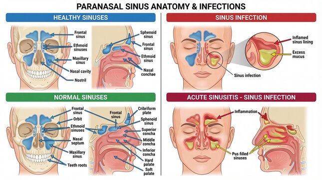 Detailed Medical Illustration of Paranasal Sinus Anatomy and Infections Diagram
