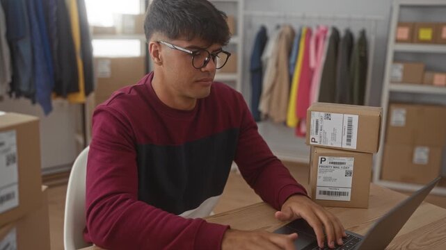 Man typing on laptop with hands on keyboard beside stacked shipping boxes in a small business building; entrepreneurial focus.