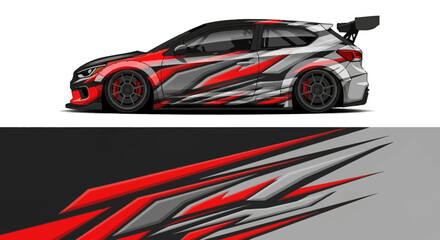 Obraz premium Sleek sports car with bold red and gray graphic livery and rear spoiler.