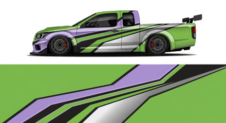 Stylized Green and Purple Drift Car with Bold Graphics and Stripes. © Lailatul