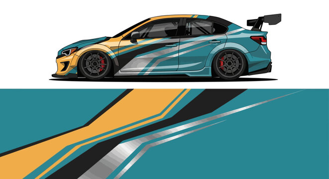 Stylized teal sports car with orange accents in dynamic graphic illustration.