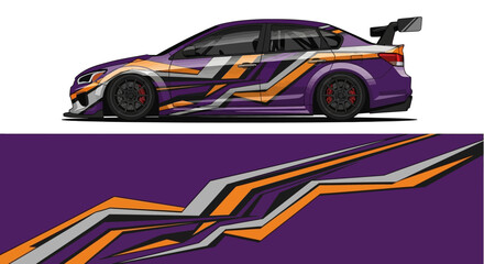Bold purple and orange racing car with dynamic side stripes in modern livery. © Lailatul