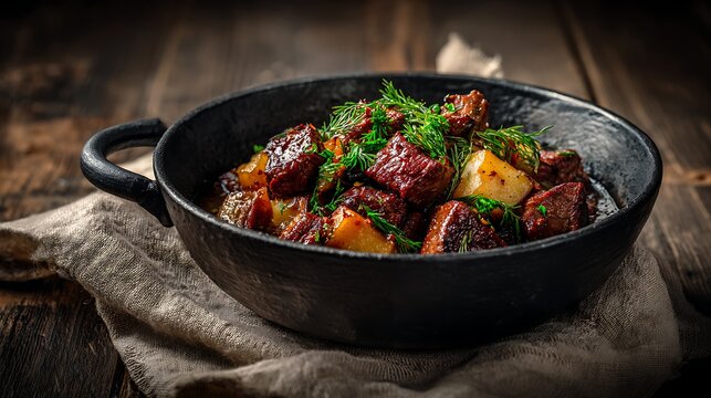 Kuyrdak, traditional Kazakh organ meat stew, presented in black cast iron bowl with robust handle, pieces of lamb liver, kidneys and heart in reddish-brown and amber tones
