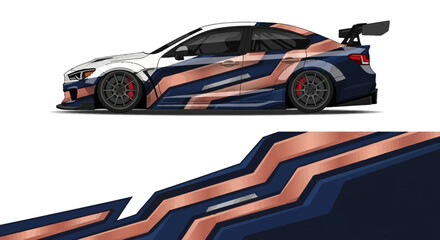 Side profile of a blue and orange racecar with bold abstract livery on a track. © Lailatul