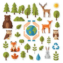Obraz premium Nature Conservation Vector Set with Forest Animals Leaves and Environmental Elements Flat Design