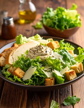 A vibrant Caesar salad boasts romaine lettuce, grilled chicken, croutons, and shaved Parmesan cheese in a dark ceramic bowl. A bottle of oil sits in the background