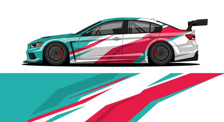 Obraz premium Stylized race car illustration with bold color stripes and dynamic background.