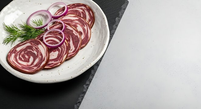 Kazy, traditional Kazakh horse meat sausage, perfectly cut circular slices arranged in elegant overlap on handcrafted white ceramic plate with irregular edges