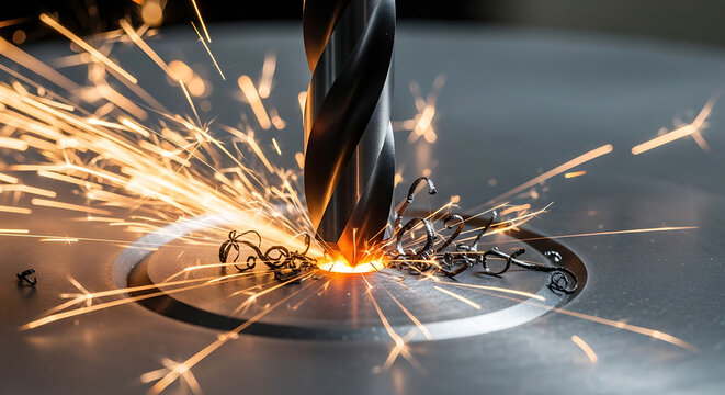 Close-up of a drill bit cutting through metal with sparks flying everywhere in a workshop