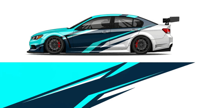 Side view of a blue teal racing car with dynamic decals and aerodynamic design.