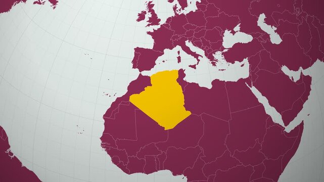 Algeria map. Animated zoom into the country on the Globe in Pale Mint Dark Pink color palette. Country logo animation with round text and airplanes. Map with meridians, parallels. Beautiful video.