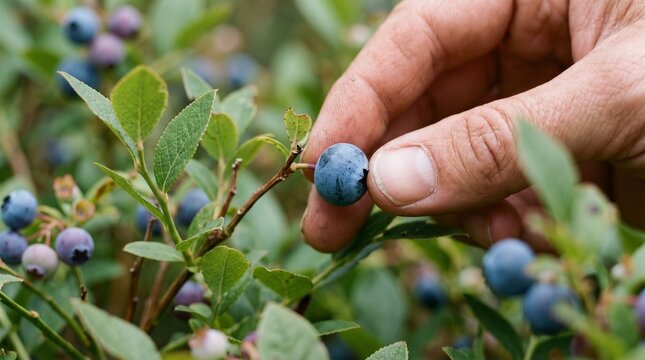 Hand picking ripe blueberries from a bush, close-up