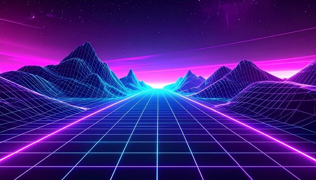 neon geometric wireframe landscape, retro 80s synthwave aesthetic, 