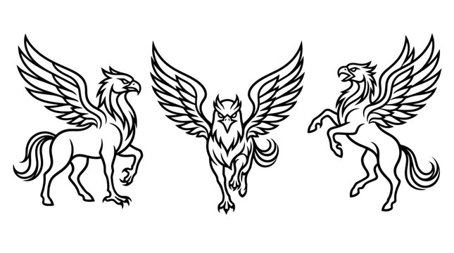 Set of Three Mythical Griffin Line Art Designs