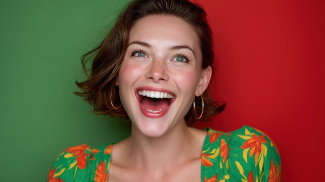 Joyful Woman Laughing Against Vibrant Green & Red Background, Happy woman