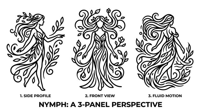 Elegant Nymph in Three Perspectives Line Art Design