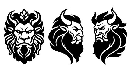 Naklejka premium Mythical Creature Head Logos in Black and White