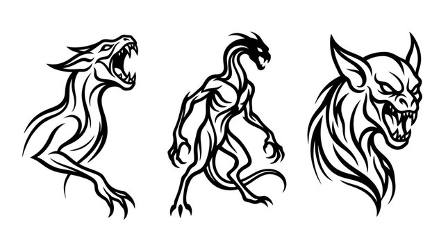 Set of Gargoyle Creatures in a Line Art Style