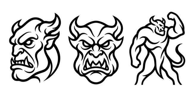 Set of Evil Demon Head and Silhouette Silhouettes