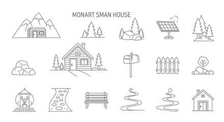 Naklejka premium Vector icon set for rural landscape, including cabins, trees, mountains, and solar panel.