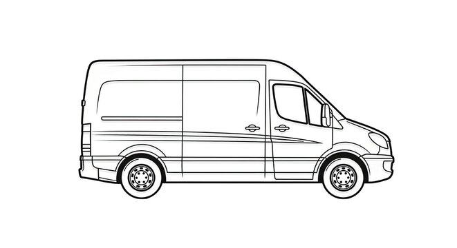 Sleek white outline drawing of a modern cargo van on a white background