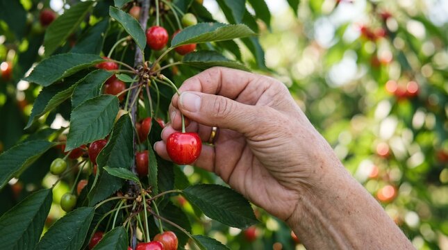 Hand picking ripe red cherries from a tree branch in summer