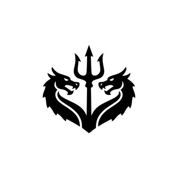 Symmetrical twin dragon logo with trident element