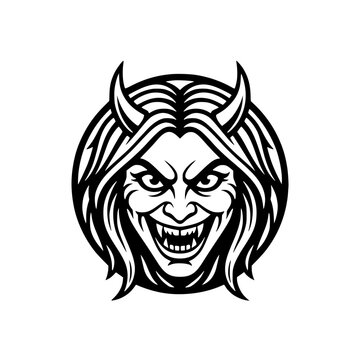 Scary female demon head mascot with horns.