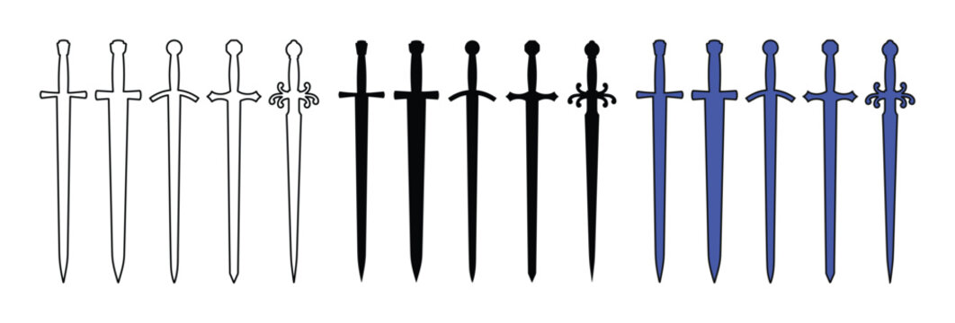 Medieval sword icons set, 15 vector longsword silhouettes in outline and solid styles, ancient knight weapon collection for gaming and heraldry