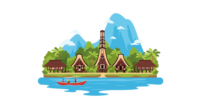 Traditional Indonesian Village by the Lake Vector Illustration