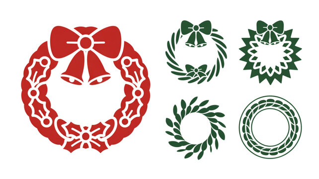 Classic red and green holiday wreaths with decorative bows and laurel leaves Vector