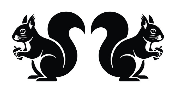 Black squirrel silhouette vector, symmetrical forest animal icons, squirrel holding acorn logo