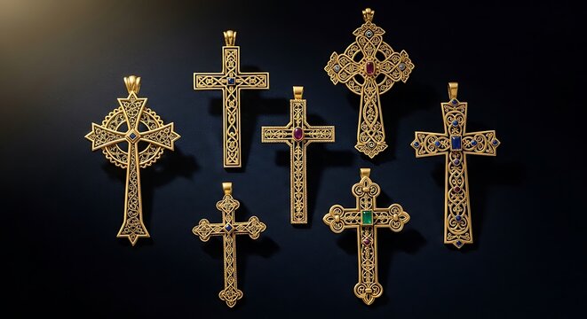 Ornate golden crosses displayed against a dark background religious symbolism