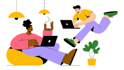 Obraz premium Creative professional working remotely with plants and laptop on colorful floor Vector