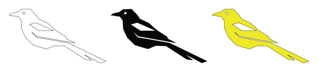 Obraz premium Minimalist bird vector icons, black and yellow magpie silhouettes, 3 avian graphic elements