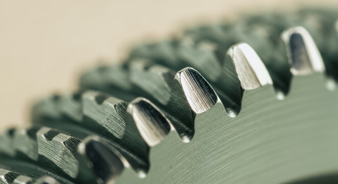 Extreme close up of precision metallic gear wheels teeth for industrial engineering and mechanical machinery concepts