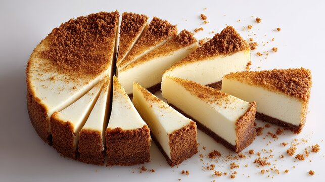 Sliced creamy New York cheesecake with a brown cookie crumb topping resting on a clean white surface with scattered crumbs