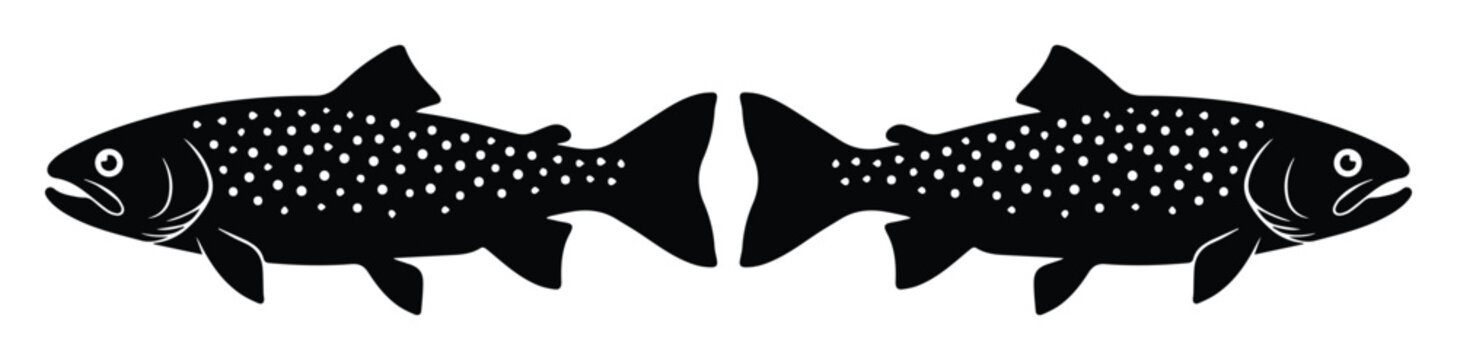 Vintage trout fish silhouettes, black spotted salmon vector icons, rustic fishing logo elements