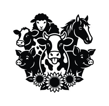 Farm animal vector illustration, black and white livestock icons, rustic barnyard animal group