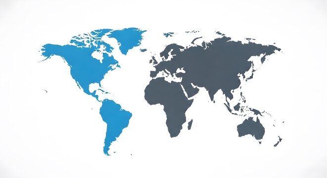 Minimalistic World Map with Highlighted Continents in Blue and Gray