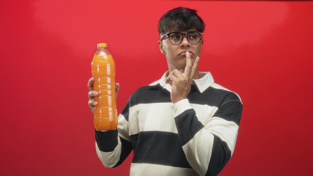 Young hispanic man holding large bottle of orange juice with finger to chin thinking, wearing striped sweater and glasses in studio with red backdrop; curiosity.