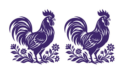 Vintage rooster silhouette vector, purple farm animal illustration, folk art cockerel with flowers © ArsiStudio