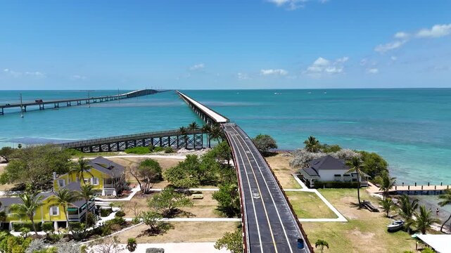 Aerial view of the old seven mile bridge leading to Pigeon Key in Monroe County, Florida.
