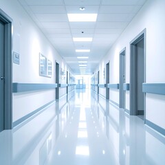 Fototapeta premium Long, bright perspective of a healthcare facility's corridor. Doors line either side. The flooring reflects the overhead lighting