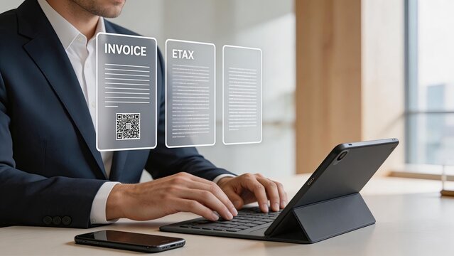 Businessman typing on tablet with holographic invoice and etax interface modern office technology digital finance solutions QR code billing system egovernment services cloud