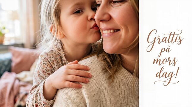 Grattis p&aring; mors dag Swedish greeting with child kissing mother, warm family moment and Mothers Day celebration